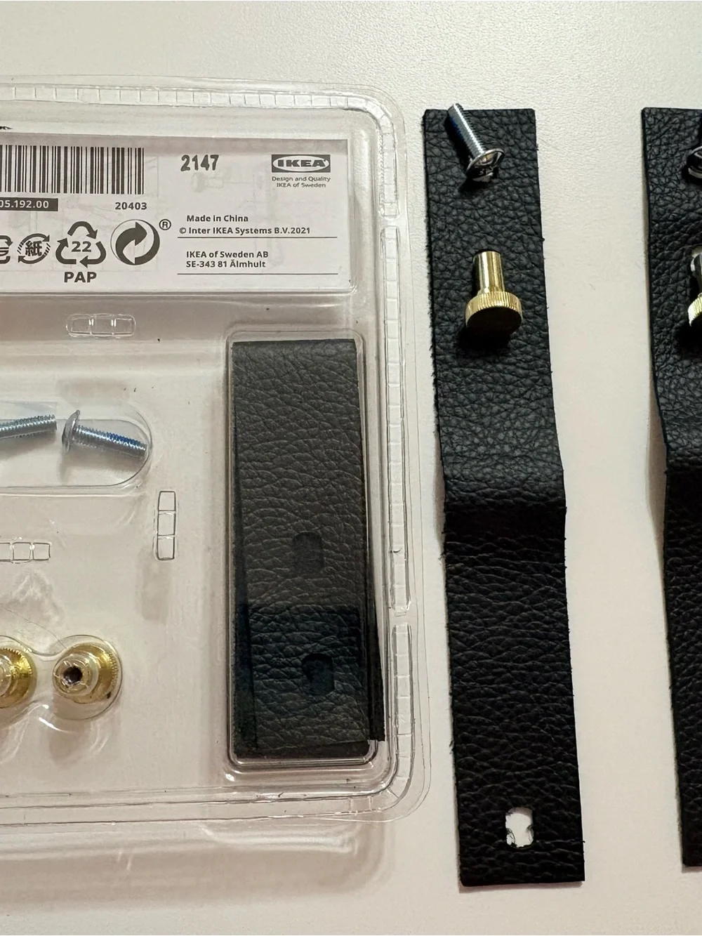 IKEA Black Leather Drawer Pulls with Brass-Tone Knobs